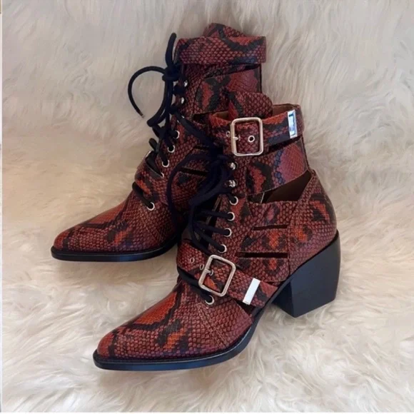 New! CHLOE Rylee Snake-Effect Leather Ankle Boots | Lace-Up Cutout Block Heel - Picture 8 of 16